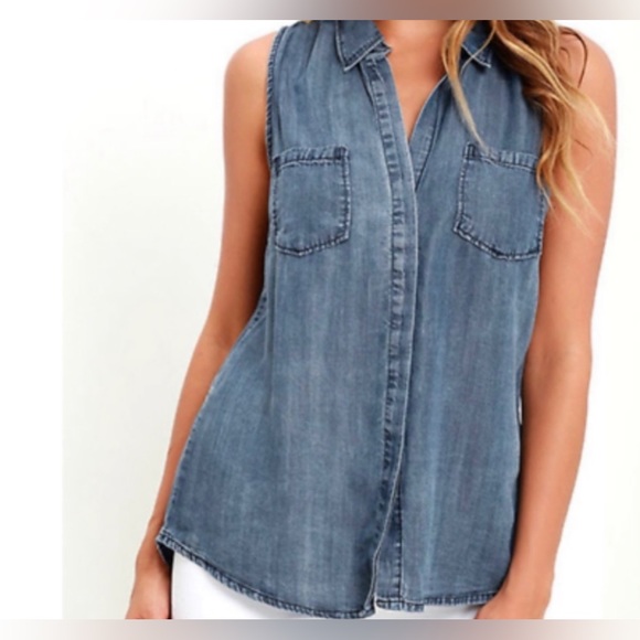 Lulus Courtesy Collar Blue Chambray Top - Picture 2 of 11